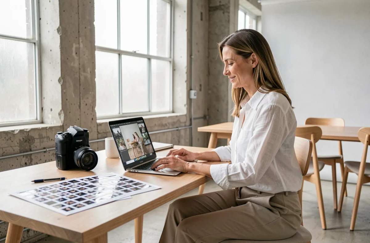 Photographe professionnelle travaillant dans un studio photo moderne à Seclin avec son équipement