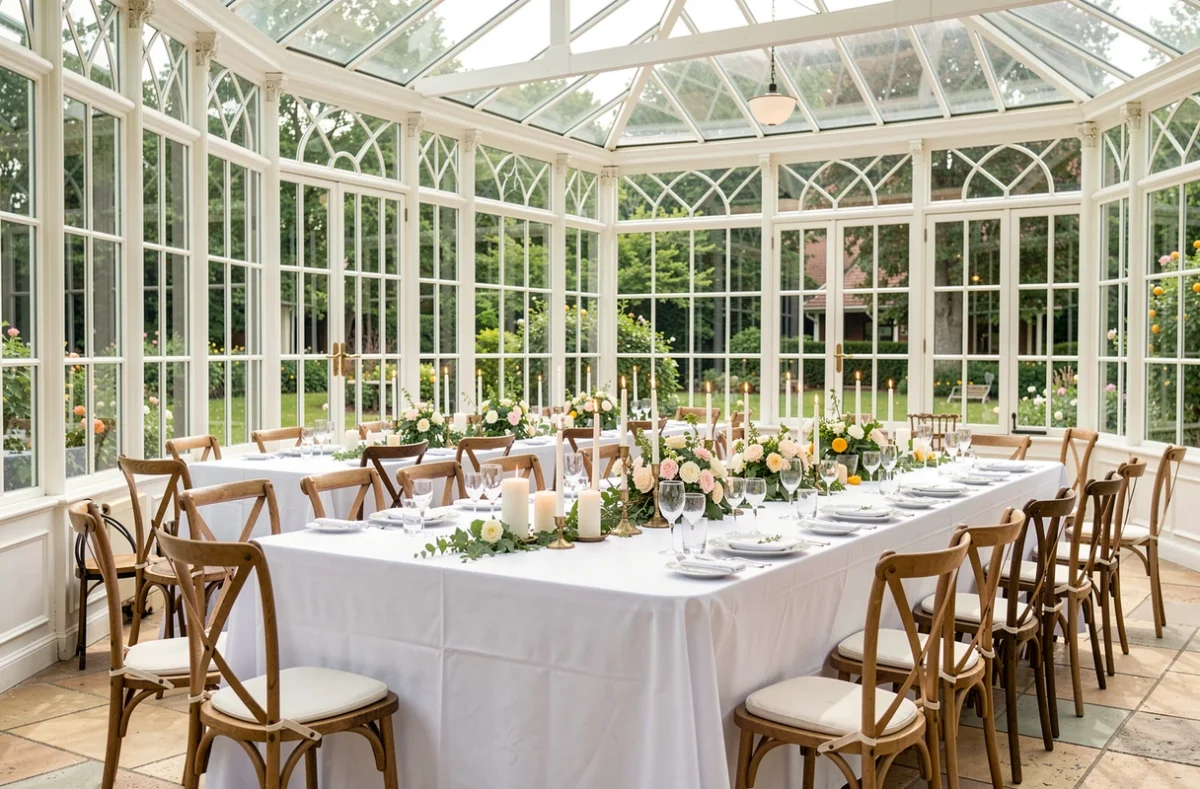 Table de mariage dressée dans une orangerie lumineuse