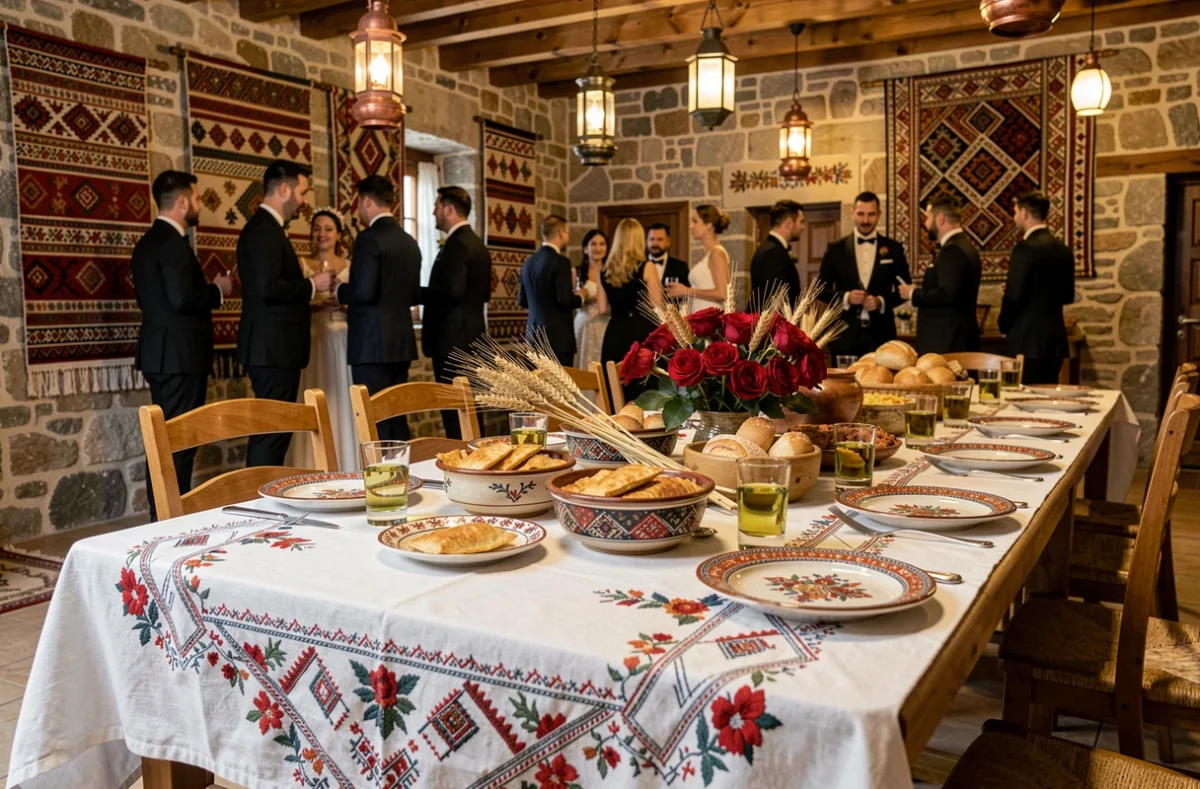 Table de festin de mariage albanais décorée avec des textiles brodés, des plats traditionnels et un bouquet de roses rouges et d'épis de blé symboliques