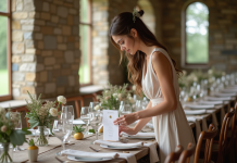 Jeune femme arrangeant un menu peint à la main sur une table rustique