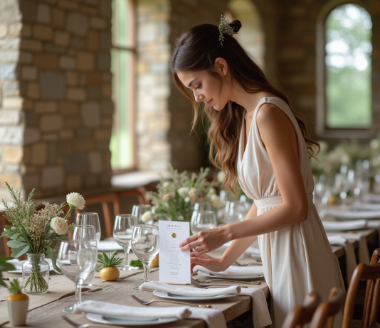 Jeune femme arrangeant un menu peint à la main sur une table rustique
