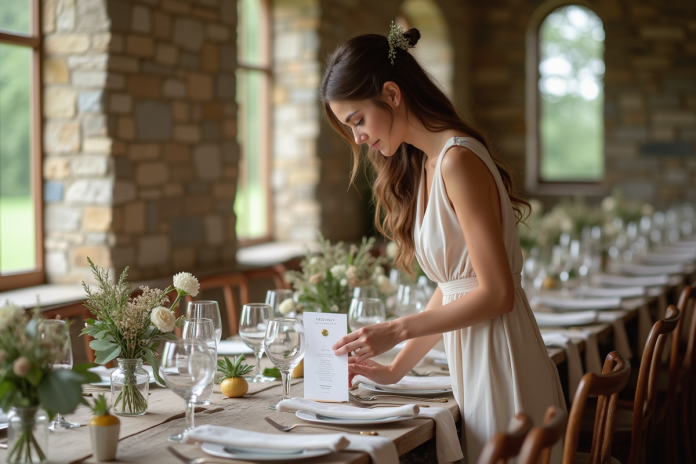 table-rustique-menus-peints Jeune femme arrangeant un menu peint à la main sur une table rustique