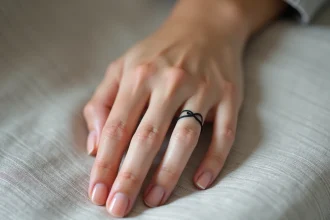 Tatouage alliance infini minimaliste en trait fin sur l'annulaire d'une femme, posée sur du lin gris clair