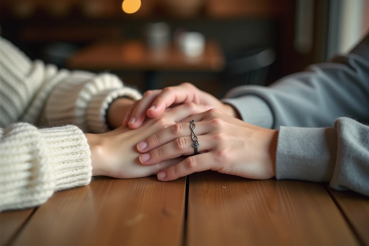Couple avec tatouages assortis alliance infini minimaliste sur les annulaires entrelacés sur une table en bois