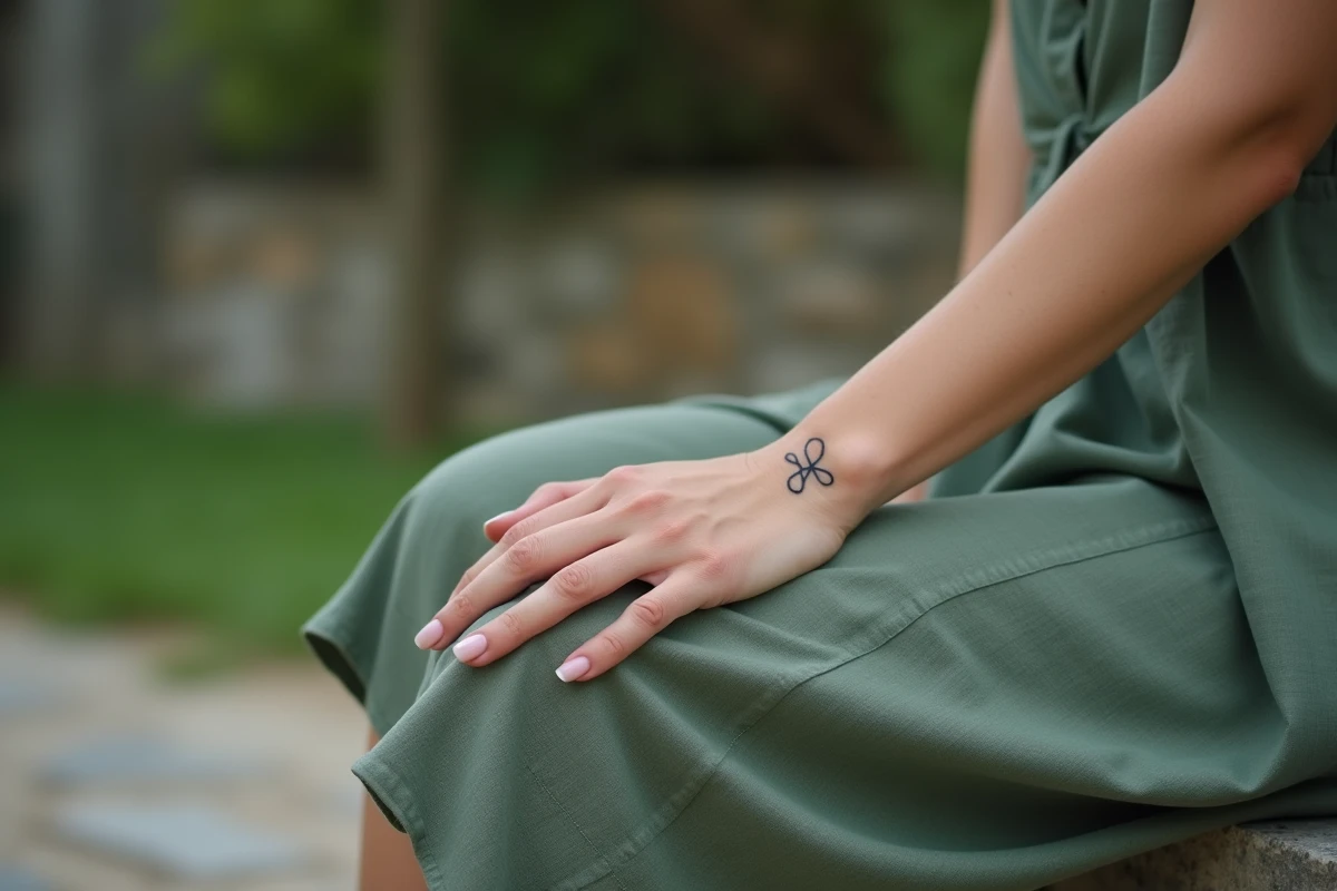 Femme en robe en lin portant un tatouage infini minimaliste sur l'annulaire, assise dans un jardin en extérieur
