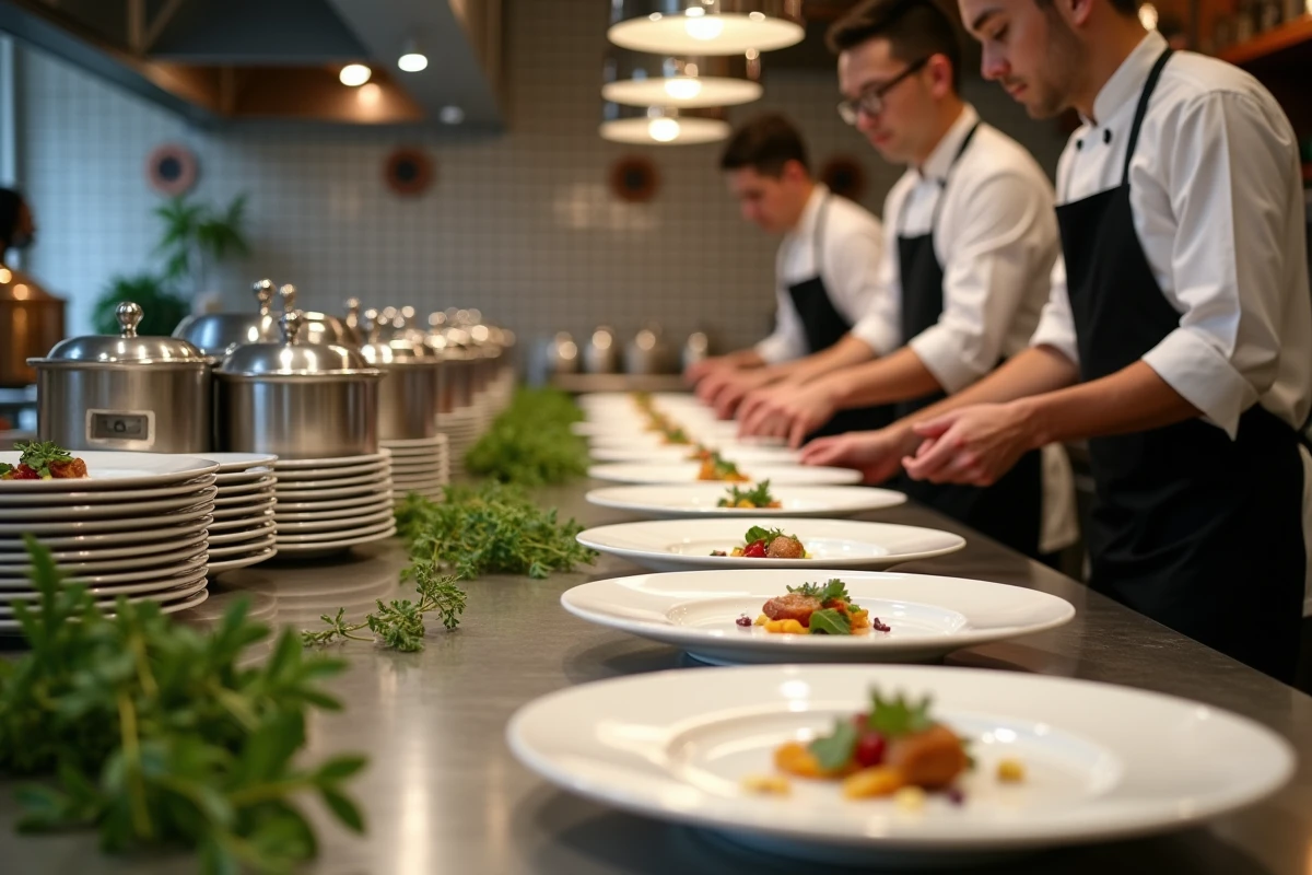 Équipe de traiteur mariage professionnel dressant des assiettes élégantes pour un banquet de 100 personnes dans une cuisine de réception