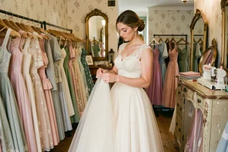 Femme essayant une robe vintage des années 50 dans une boutique de robes anciennes pour la transformer en robe de mariée
