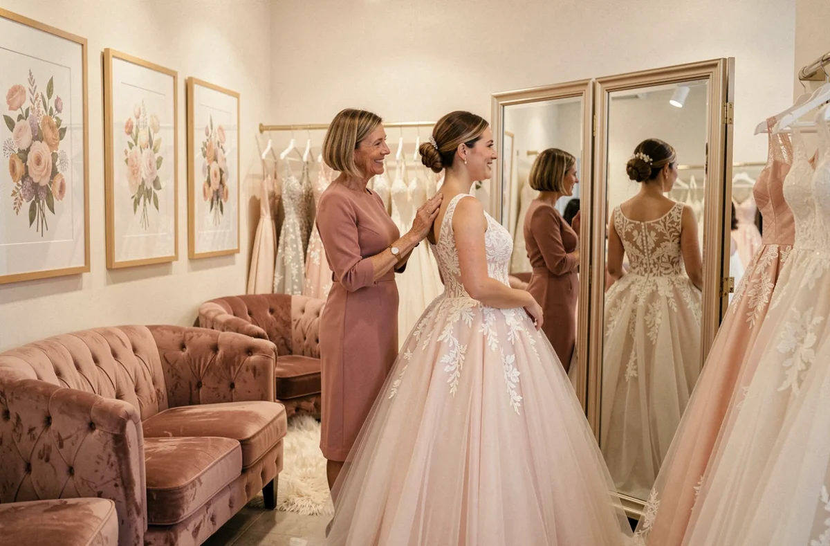 Essayage d'une robe de mariée princesse en tulle chez L'Univers d'Elsa Gary à Montpellier avec une conseillère souriante