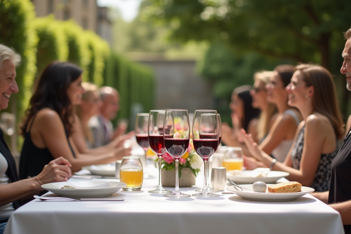 Verres de vin sur une table de brunch en plein air