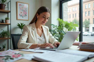 Wedding planner professionnelle consultant un budget de mariage sur ordinateur portable dans un bureau organisé avec échantillons de tissus et planificateur ouvert