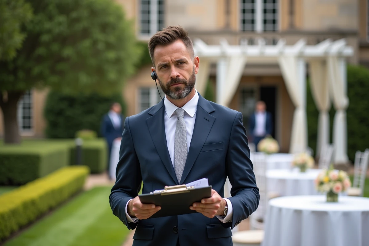 Wedding planner masculin en costume marine supervisant les préparatifs d'un mariage de luxe dans un domaine avec pergola et château en arrière-plan