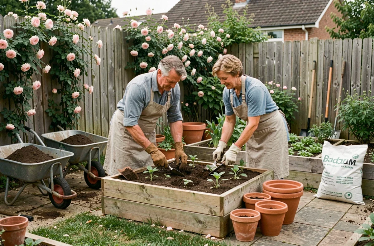 Couple en tablier et gants de jardinage plantant des semis dans un jardin extérieur verdoyant avec des bacs en bois et des pots en terre cuite en mai